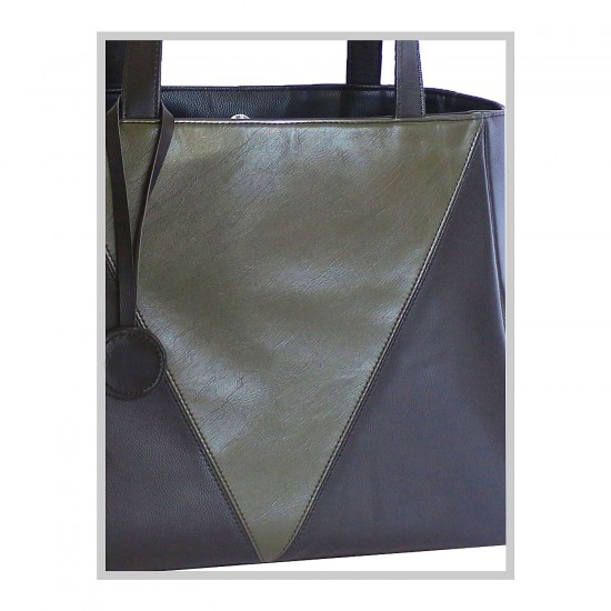 Women's color block tote handbag - Black & Olive (PU)